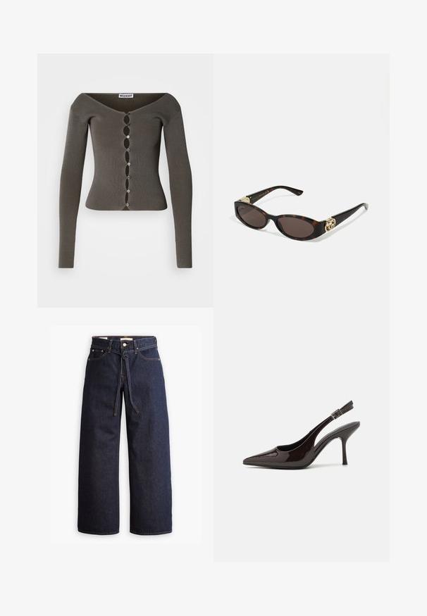 Cardigan cropped a maniche lunghe di colore grigio scuro a costine con chiusura a bottone ondulato e scollatura ampia, etichettato "WEEKDAY".; Camicia button-down a righe blu con colletto, maniche lunghe e orlo curvo. Il tessuto sembra liscio e leggero. Chiusura con bottoni sul davanti.; Jeans in denim scuro a gamba larga con vita alta, dotati di un laccio, cinque tasche e dettagli di cucitura a contrasto.; Scarpa con tacco alto tipo slingback in pelle verniciata marrone scuro lucido, punta affusolata, lati aperti e cinturino alla caviglia regolabile.; Occhiali da sole tartarugati con lenti ovali allungate, tonalità marrone, accenti dorati con logo sulle tempie e aste nere eleganti.; Borsa a tracolla marrone con motivo, in tessuto testurizzato, con manico in pelle marrone e dettaglio del logo dorato su uno sfondo beige. Forma curva e strutturata.