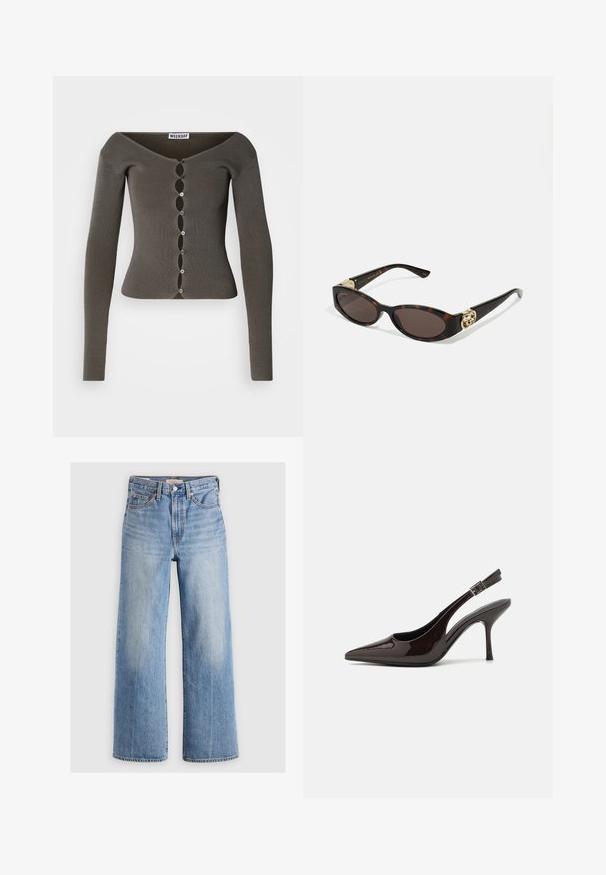 Dunkelgrauer, gerippter, langärmeliger, kurzer Cardigan mit gewelltem Knopfverschluss und weitem Ausschnitt, beschriftet mit "WEEKDAY".; Langärmliges Rollkragenshirt in einem hellen Beigeton. Hergestellt aus weichem, dehnbarem Stoff mit lockerer Passform und umgeschlagenem Kragen.; Helleblaue Jeans mit weitem Bein und hoher Taille, mit ausgewaschenen Stellen, fünf Taschen und Kontrastnähten. Klassische Knopf- und Reißverschlussöffnung.; Slingback-Pumps aus glänzendem dunklen braunen Lackleder, mit spitzer Zehenpartie, offenen Seiten und verstellbarem Knöchelriemen.; Schildpatt-Sonnenbrille mit länglich-ovalen Gläsern, braunem Farbton, goldenen Logo-Akzenten an den Bügeln und schlanken schwarzen Bügeln.; Goldwirbel-Ohrringe mit klarem Verschluss, die über texturierte Goldakzente und kleine, klare Edelsteine im Design verfügen.