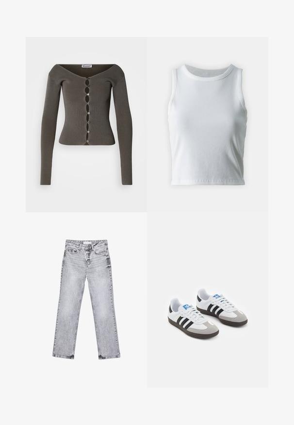 Tmavě šedý žebrovaný krátký svetr s dlouhým rukávem, ozdobným zapínáním na knoflíky a širokým výstřihem, označený "WEEKDAY".; Bílý žebrovaný tílko s kulatým výstřihem a bezramínkovým designem, s rovnými lemy a hladkou, elastickou strukturou.; Šedé džíny z denimu se střihy rovnými nohavicemi, s poškozenou úpravou, pěti kapsami a měděnými nýtky. Pasová část obsahuje logo štítek.; Sportovní boty s bílým koženým svrškem, šedou semišovou špičkou a třemi černými pruhy. Obsahují modré logo na jazyku a texturovanou gumovou podrážku.