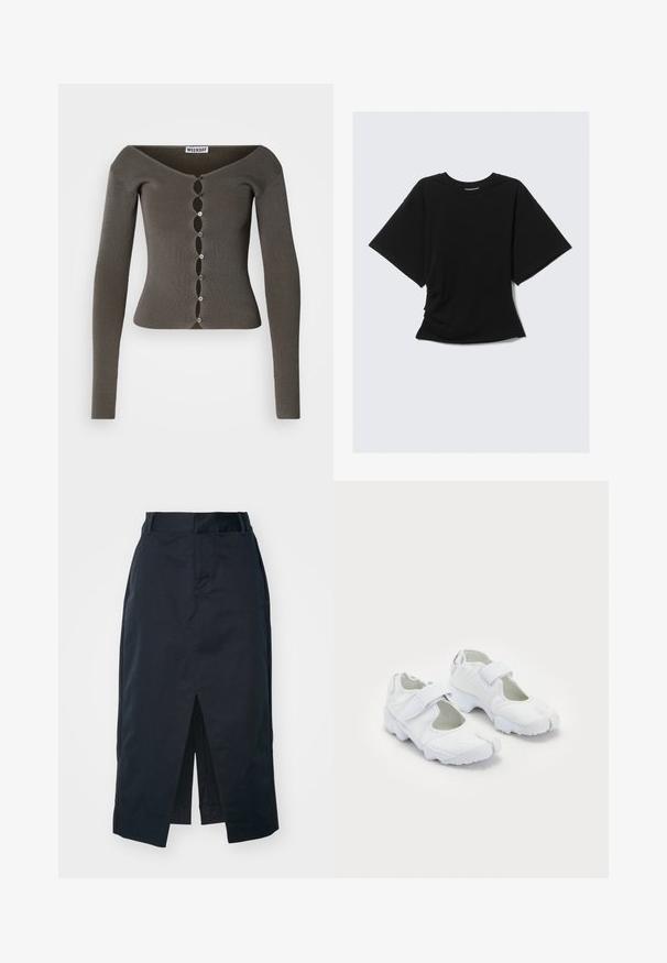 Cárdigan corto de manga larga de rayas gris oscuro con cierre de botones en forma de olas y un escote amplio etiquetado "WEEKDAY".; Camiseta negra de gran tamaño con mangas cortas y cuello redondo, con una cintura ligeramente entallada, contra un fondo claro y liso.; Falda midi en azul marino oscuro, confeccionada con una mezcla de algodón, que presenta una abertura frontal, cremallera oculta y bolsillos laterales para mayor funcionalidad.; Zapatillas deportivas blancas con una parte superior texturizada, correa de Velcro ajustable, punta redondeada y una suela gruesa con un patrón de huella distintivo.