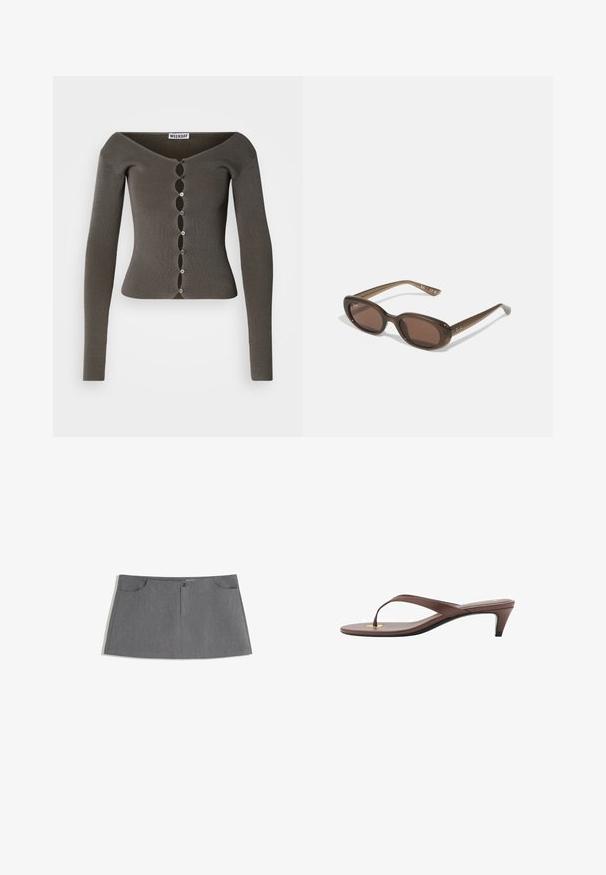 Dunkelgrauer, gerippter, langärmeliger, kurzer Cardigan mit gewelltem Knopfverschluss und weitem Ausschnitt, beschriftet mit "WEEKDAY".; Rotes Langarmoberteil aus glattem, dehnbarem Stoff. Verfügt über einen Rundhalsausschnitt und eine taillierte Silhouette. Einfaches Design ohne Muster oder Akzente.; Grauer Rock mit geradem Schnitt, zwei Vordertaschen, einer Frontknopfleiste und einem dezenten Texturmuster.; Braune, mit Absatz versehene Flip-Flop-Sandale mit einem schmalen Riemen und abgerundetem Zehensteg, der ein kleines goldfarbenes Akzent auf dem Fußbett aufweist.; Braune ovale Sonnenbrillen mit dunklen Gläsern. Das Gestell besteht aus einem transparenten braunen Material und hat ein auf den Bügeln aufgedrucktes Logo.; Tasche aus braunem Wildleder mit zwei langen Griffen, rechteckiger Form und dekorativer Naht. Verfügt über einen seitlichen Riemen und subtile goldene Hardwareakzente.