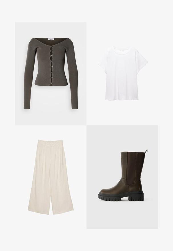 Cardigan court à manches longues côtelé gris foncé avec fermeture à boutons en dentelle et un large décolleté, étiqueté "WEEKDAY".; T-shirt blanc en tissu doux et léger. Il présente un col rond et des manches courtes et larges avec une coupe décontractée. Aucun motif visible.; Pantalons large en lin de couleur beige clair avec un design plissé et une taille élastique pour plus de confort et de facilité d'enfilage.; Bottine en cuir brun avec des panneaux élastiques sur les côtés, semelle en caoutchouc noir épaisse et une boucle pour un enfilage facile. Texture lisse et design moderne.