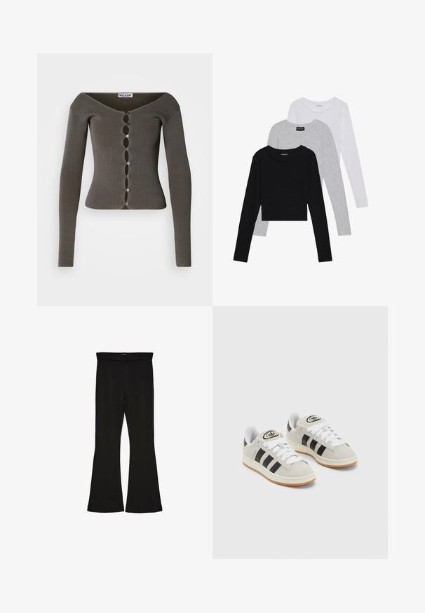 Mørkegrå, ribbet langærmet cropped cardigan med bølgemønster knaplukning og bred halsudskæring mærket "WEEKDAY".; Tre langærmede toppe stablet: sort, grå og hvid. Hver har en rund halsudskæring og et cropped design med glat, let stof.; Sorte flared leggings lavet af strækbart stof. Har en bred talje og en glat tekstur, med en tætsiddende silhuet der bredder sig ved sømmen.; Grå ruskinds sneakers med hvide snørebånd, sorte striber og en hvid gummisål. Har et rundt logo på tungen og en gummisål.