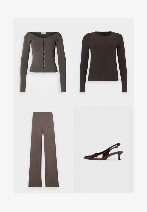 Mørkegrå, ribbet langærmet cropped cardigan med bølgemønster knaplukning og bred halsudskæring mærket "WEEKDAY".; Brun langærmet ribbet top med rund halsudskæring. Fremstillet af et glat, strækbart materiale, med en tætsiddende silhuet og minimalistiske detaljer.; Ribstrikkede bukser med vide ben i en mørkebrun farve, med elastisk taljebånd og blødt, tekstureret stof.; Brun patenteret læder slingback sko med spids tå og en moderat hæl. Har en spænde rem for en sikker pasform. Glat tekstur.