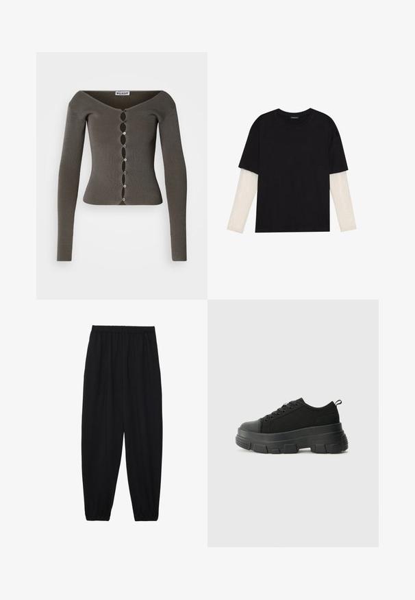 Mørk grå ribbet langermet cropped cardigan med bølget knappelukking og bred hals merket "WEEKDAY".; Svart T-skjorte laget av bomull, med korte ermer over et hvitt langermet lag med en subtil teksturert mønster. Rund hals design.; Svarte, lette bukser med elastisk liv og rynkede ankler. Stoffet er glatt og har en avslappet, innsvingt design.; Svarte sneakers med en kraftig gummisåle, teksturert stoffoverdel, rund tå og snøring. Har forsterkede snørehull og bakre trekkstang.