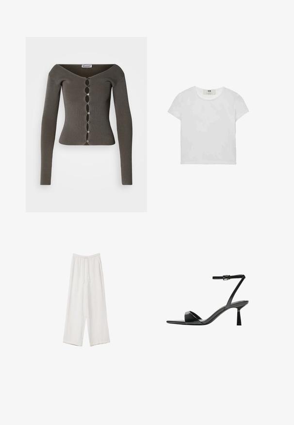 Ciemnoszara, prążkowana, długo rękawowa, krótka narzutka z falbaniastym zapięciem na guziki i szerokim dekoltem, oznaczona jako "WEEKDAY".; Biała koszulka z krótkim rękawem i okrągłym dekoltem, wykonana z miękkiej bawełny, charakteryzująca się prostym, czystym wzorem bez widocznych zdobień ani akcentów.; Białe spodnie o szerokich nogawkach wykonane z lekkiego materiału. Posiadają elastyczny pas z sznurkiem i boczne kieszenie. Gładka tekstura.; Bershka - Sandały na obcasie