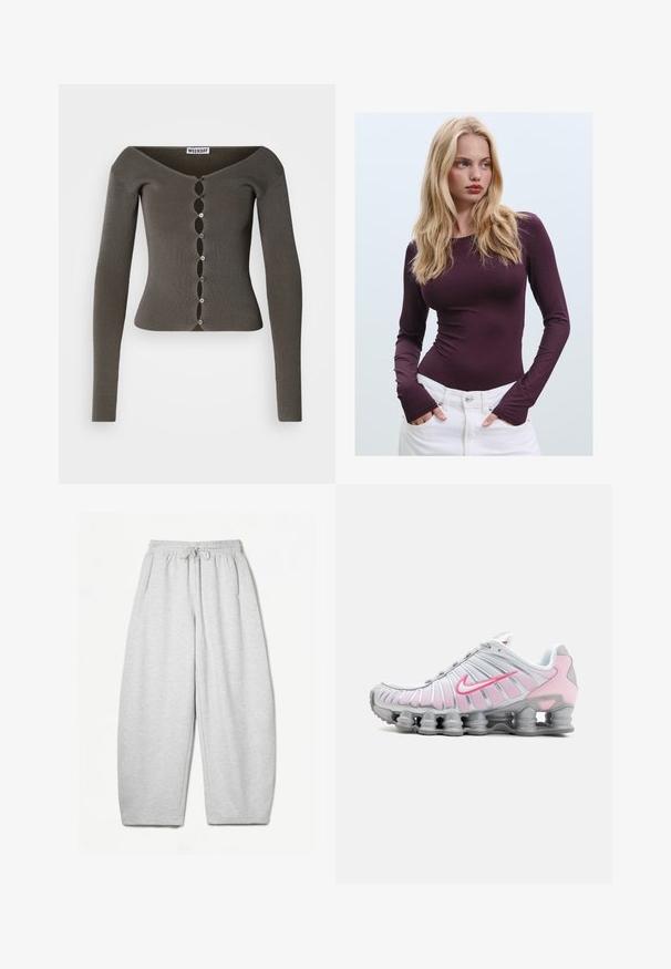 Mørkegrå, ribbet langærmet cropped cardigan med bølgemønster knaplukning og bred halsudskæring mærket "WEEKDAY".; Bordeaux langærmet tætsiddende top med rund halsudskæring og tommelfingerhuller, parret med hvide højlife bukser. Glat stof og strækbar tekstur.; Lysegrå sweatpants med en afslappet pasform, elastisk talje, snøre og sidelommer; lavet af blødt, struktureret stof.; Nike træningssko i hvid og lys pink. Har en mesh-overdel og en markant buet sål med synlig luftdæmpning.
