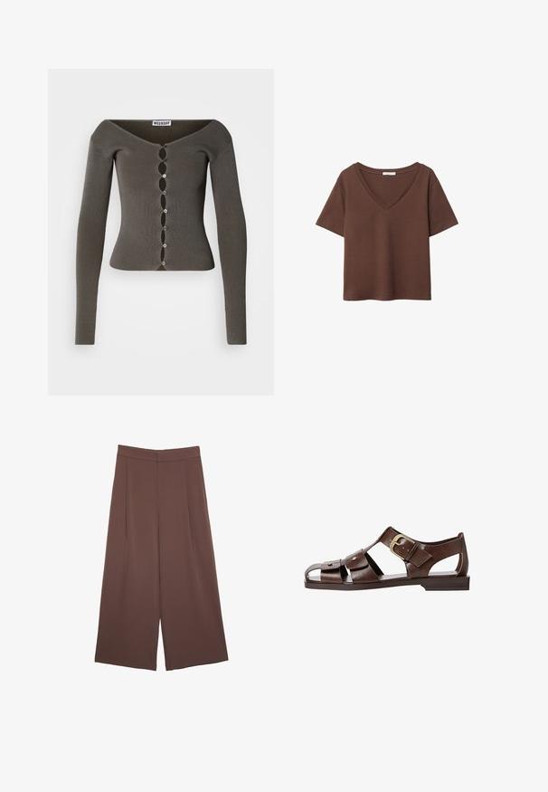 Tamno siva rebrasta dugački kardigan s kratkim rukavima sa zakovitim zatvaranjem i širokim izrezom, označen "WEEKDAY".; Smeđa pamučna majica kratkih rukava s dubokim V-izrezom. Jednostavan dizajn, mekana tekstura i ravni rub. Bez uzoraka ili naglasaka.; Smeđe hlače širokog kroja s glatkom teksturom, koje imaju visok struk i nabore sprijeda. Tkanina je lagana i slobodno se kreće.; Smeđe kožne sandale s izrezbarenim dizajnom, podesivim bočnim kopčanjem i ravnim potplatom, s metalnim detaljima i otvorenim prstima.