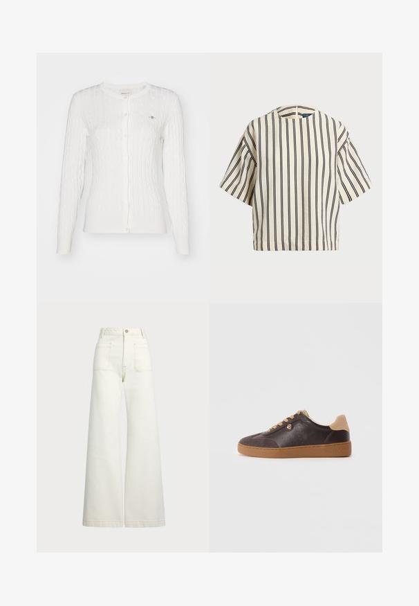 Biele kárované kardigán s dlhými rukávmi, okrúhlym výstrihom a zapínaním na gombíky. Obsahuje jemné rebrované okraje a malé logo na hrudi.; Krátky rukáv, pruhovaný top v krémovej a námorníckej modrej farbe, s okrúhlym výstrihom a štvorcovým strihom z texturovanej tkaniny.; Džínsy s širšími nohavicami v off-white denim. Vysoký pás s gombíkovým zapínaním, dve predné vrecká a kontrastné švy.; Tmavohnedé kožené a semišové tenisky s béžovými šnúrkami a podrážkou, zlatý logo akcent a "Michael Kors" vyrazené na podrážke.