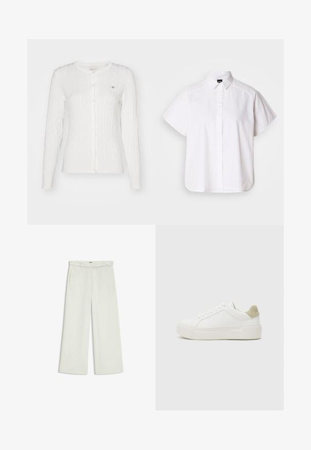 Weißer strukturierter Strickcardigan mit langen Ärmeln, rundem Halsausschnitt und Knopfverschluss. Verfügt über zarte gerippte Abschlüsse und ein kleines Logo auf der Brust.; Weißes kurzärmliges Hemd mit Knopfleiste, spitzem Kragen und abgerundetem Saum. Hergestellt aus Baumwolle mit glatter Textur und ohne sichtbare Muster.; Weite Hose aus zartem Creme-Stoff, mit seitlichen Taschen, flatem Bund und einer Knopfverschluss an der Taille. Glatte Textur.; Weißer Sneaker mit einem Obermaterial aus glattem Leder, hellgrauem Wildlederbesatz an der Ferse und einer klobigen weißen Gummisohle. Mit Schnürdesign.