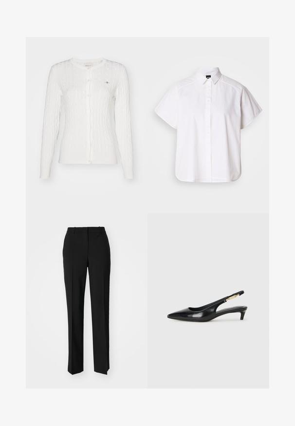 White cable-knit cardigan with long sleeves, round neck, and button closure. Features subtle ribbed trim and a small logo on the chest.; White short-sleeve button-up shirt with a pointed collar and curved hem. Made from cotton with a smooth texture and no visible patterns.; Black tailored trousers with a straight-leg design, featuring a smooth texture and crisp creases along the front. No visible hardware.; Black leather slingback heels with a pointed toe, featuring a slim heel and a gold-tone accent on the adjustable strap. Smooth texture.