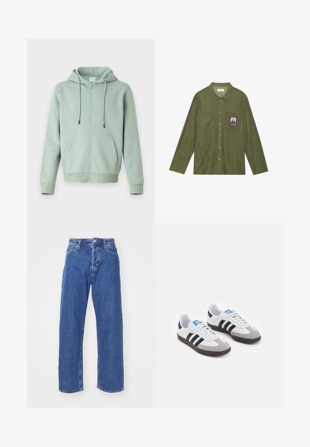 Lysgrøn zip-up hoodie lavet af blødt stof, med en frontlynlås, justerbare snoretræk og to sidelommer.; Olivenfarvet corduroy skjorte med lange ærmer, knaplukning, to brystlommer og et bjergmotiv patch på den venstre lomme.; Blå denimjeans med lige ben, med knap- og lynlåslukning, fem-lomme stil og minimale syninger.; Sportsko med en overdel i hvid læder, grå ruskind på tåen og tre sorte striber. Har et blåt logo på tungen og en struktureret gummisål.