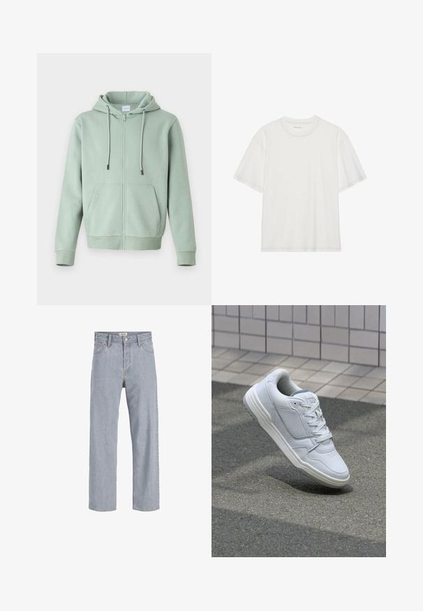Svetlozelená mikina na zips vyrobená z mäkkej tkaniny, s predným zipsom, nastaviteľnými šnúrkami a dvoma bočnými vreckami.; Biela bavlnená tričko s krátkymi rukávmi, okrúhlym výstrihom a kontrastným prešitím okolo výstrihu a rukávov.; Svetlomodré džínsy s uvoľneným strihom, rovný strih nohavíc, viditeľné stehy, dve predné vrecká a zapínanie na gombík.; Biele kožené tenisky s perforovanými stranami, textúrovanými akcentmi, plochými šnúrkami a kontrastnou sivou pätou. Majú mierne zvýšenú podrážku.
