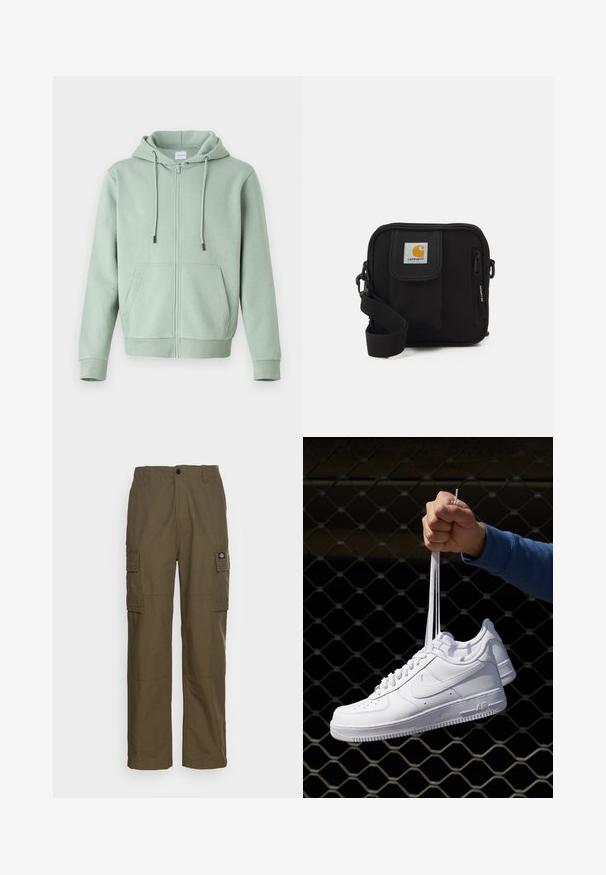 Lichtgroene ritsinstructie hoodie gemaakt van zachte stof, met een voorkant met rits, verstelbare trekkoorden en twee zijzakken.; Witte korte mouwen t-shirt van katoen, met een ronde hals en een zachte textuur, met een rechte snit en zonder patronen.; Olijfgroene cargobroek, gemaakt van duurzaam stof. Beschikt over twee zijzakken, een standaard taille en een rechte pijp.; Witte leren sneakers met perforaties, ronde neus, vlakke zool en dikke veters, met een zichtbare swoosh-logo en "AIR" op de hiel.; Zwarte schoudertas met een rits hoofdcompartiment, voork pocket, verstelbare strap en een zichtbaar logo op de klep.