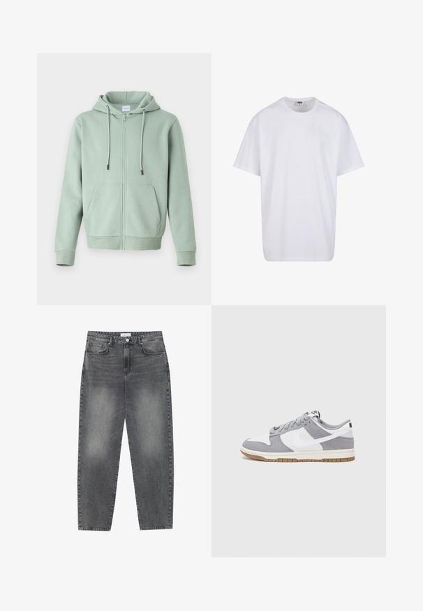 Felpa con zip verde chiaro realizzata in morbido tessuto, con zip frontale, cordini regolabili e due tasche laterali.; Maglietta bianca in cotone con maniche corte, scollatura rotonda, vestibilità comoda e senza loghi o motivi visibili. Texture liscia e design minimale.; Jeans a vita alta, dal taglio ampio in denim nero sbiadito. Presentano cinque tasche, passanti per cintura e un design dritto e pulito.; Sneaker grigia e bianca con tomaia in suede e pelle, punta arrotondata, lacci piatti e soletta in gomma con un accento color caramello.