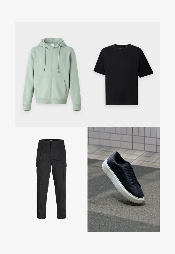 Light green zip-up hoodie made of soft fabric, featuring a front zipper, adjustable drawstrings, and two side pockets.; Black short-sleeve crew neck T-shirt with a relaxed fit, displayed on a white background.; Black cargo pants made of sturdy fabric, featuring multiple pockets, a button closure, and a slim fit design with tapered legs.; Black leather sneaker with rounded toe and white rubber sole. Features flat laces and minimal stitching on the upper. Textured sole for grip.