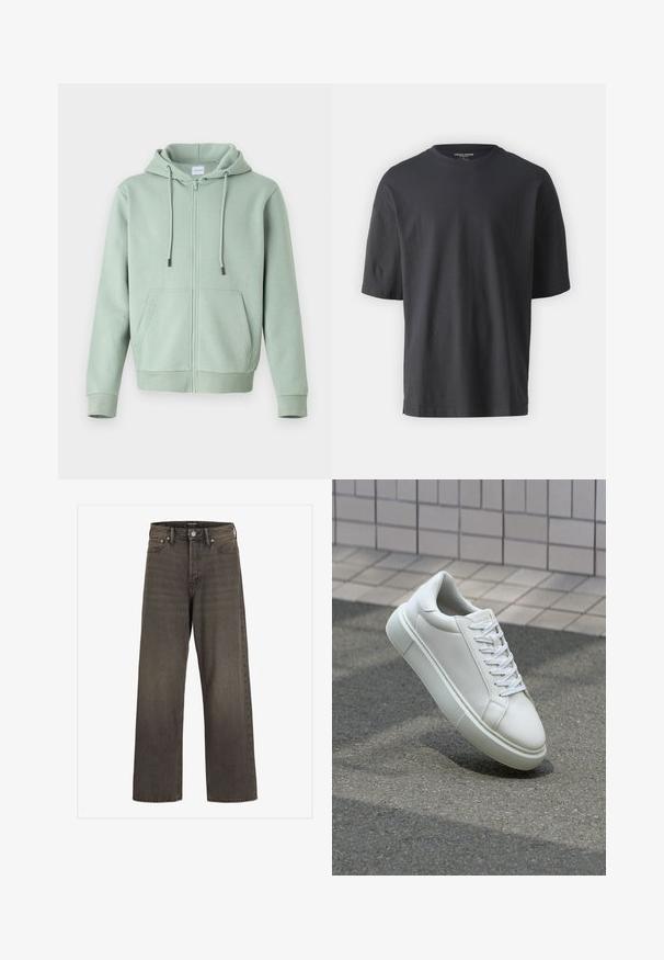 Világoszöld, cipzáros kapucnis pulóver, puha anyagból készült, elülső cipzárral, állítható húzózsinórokkal és két oldalsó zsebbel.; Fekete, rövidujjú pamut póló, kerek nyakkivágással és laza szabással. Nincsenek minták vagy díszítések láthatóak.; Széles lábú farmernadrág sötétszürke denimből, magas derékkal, klasszikus öt zsebes kialakítással és kontrasztos varrással az illesztések mentén.; Fehér bőr sportcipő sima felülettel, kerek orral és lapos fehér fűzőkkel. Texturált gumitalppal és minimális dizájnelemekkel rendelkezik.