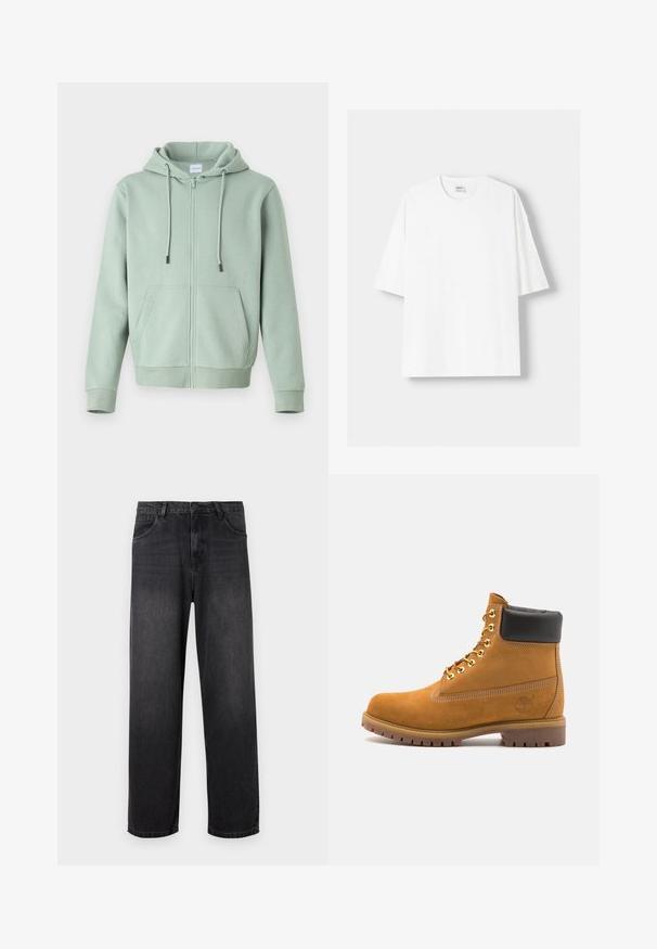 Hanorac cu fermoar, de culoare verde deschis, fabricat dintr-un material moale, având un fermoar frontal, șnururi ajustabile și două buzunare laterale.; Tricou alb cu mânecă scurtă, confecționat din bumbac, cu un decolteu rotund și o croială lejeră. Textură netedă, fără modele sau accente vizibile.; Jeans negri din denim, cu croială dreaptă, cu fermoar, cinci buzunare și detalii subtile de decolorare pe material.; Cizmă de gleznă din întoarsă de culoare bej, cu guler negru căptușit, ochiuri din metal auriu, detalii de cusătură albă și talpă din cauciuc robustă, cu un model pronunțat.
