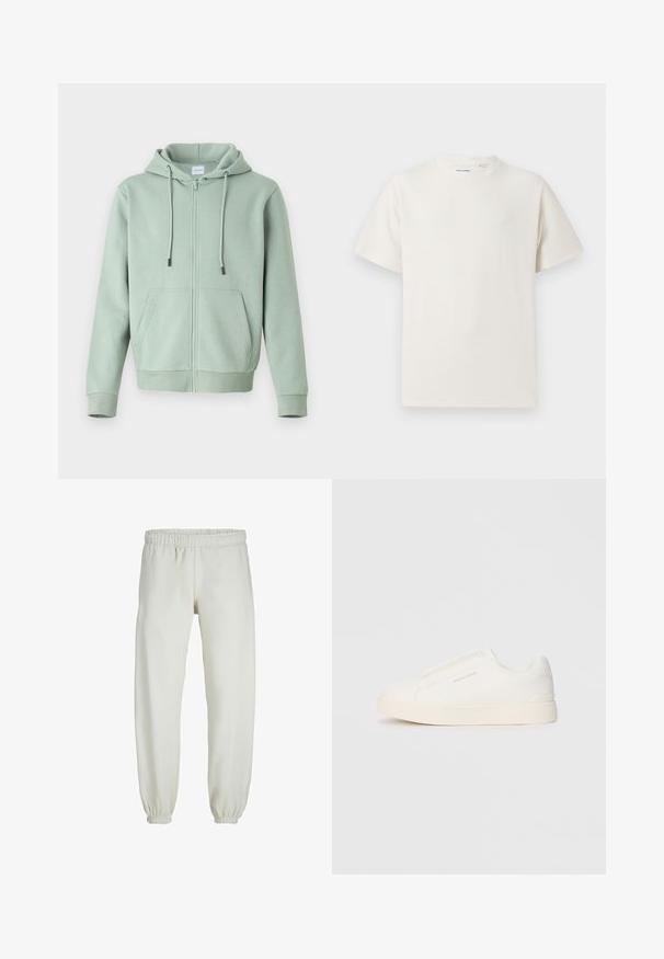 Hellgrüne Zip-Hoodie aus weichem Stoff, mit einem vorderen Reißverschluss, verstellbaren Kordeln und zwei Seitentaschen.; Weißes T-Shirt mit kurzen Ärmeln in gerippter Textur. Runder Ausschnitt, lockere Passform, keine sichtbaren Muster oder Akzente. Einfaches und vielseitiges Design.; Weiße Jogginghose aus weichem Stoff, mit elastischem Bund und Säumen, einer glatten Textur und lockerem Schnitt.; Weiße Slip-On-Sneaker mit einer strukturierten Oberfläche, dicker Sohle und minimalistischem Design. Mit Logo der Marke an der Seite.