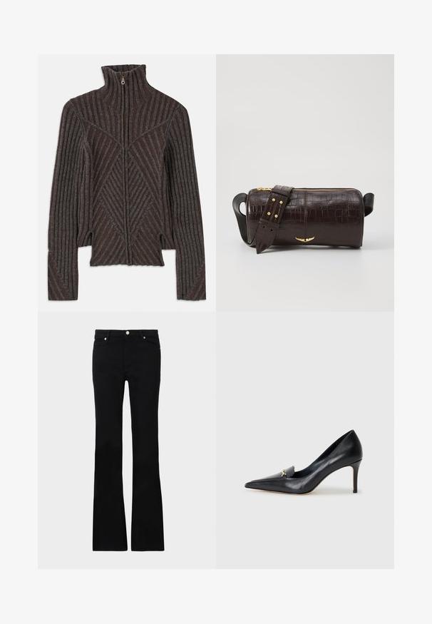 Pletený svetr na zip v tmavě hnědé barvě s šedými pruhy, s ribbed texturou a vysokým límcem, zúženým střihem a bočními otvory.; Černá blůza z měkké tkaniny, s šněrovacím výstřihem a květinovým vzorem. Dlouhé, nabírané rukávy a volný střih doplňují design.; Černé zvonové džíny vyrobené z denimu, s dvěma předními kapsami, zapínáním na knoflík a hladkou strukturou. Na švech je viditelné charakteristické prošívání.; Černé kožené lodičky s špičatou špičkou, nízkým svrškem a dekorativním zlatým akcentem. Mají jehlový podpatek a hladkou texturu.; Hnědá kabelka z krokodýlí kůže s embosováním, cylindrického tvaru, se zlacenými kovovými prvky a odnímatelným popruhem se hroty.