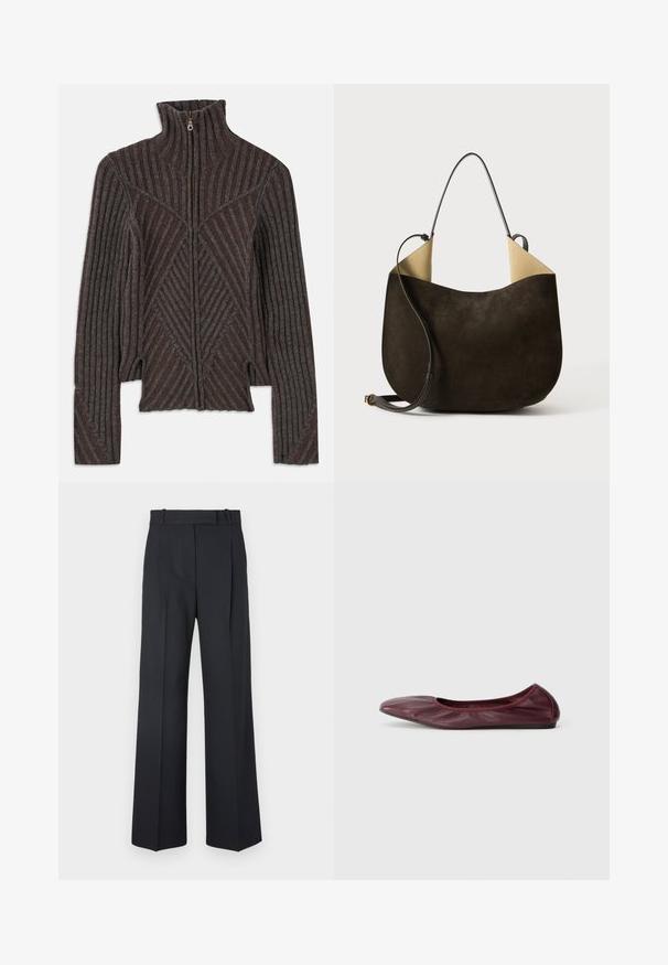 Pusero neulehihnalla tummanruskeana, harmailla raitoilla, jolla on ribbikuvio ja korkea kaulus, kapeneva muotoilu sekä sivuaukot.; Pitkähihaisessa harmaassa ribbikuvioisessa neulepuserossa on pyöreä pääntie, istuva siluetti ja sileä tekstuuri, eikä siinä ole näkyviä logoja tai koristeita.; Tummansiniset raidalliset housut, joissa on korkea vyötärö, leveät lahkeet ja ei näkyviä metalliosia tai koristeita. Sileä pinta ja räätälöity istuvuus.; Ballet flatti tumman burgundin värisessä nahassa, jossa on pyöreä kärki, venytettävä reuna ja sileä pinta, jossa on hienovaraisia laskosyksityiskohtia.; Tummanruskea mokkaharjattu käsilaukku, jossa on sileä pinta, minimalistinen muotoilu ja vaaleanvärinen sisustus, joka kontrastoi ulkopinnan kanssa. Mukana pitkä nahkahihna.