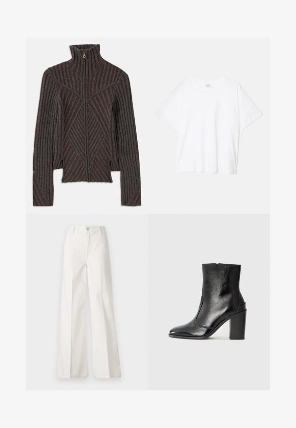 Tumedalriidest kõrge kaelusega tumeda pruuniga ja hallide triipudega kootud riidejope, millel on sooniktekstuur, kitsenev disain ja külgmised avad.; Valge puuvillane T-särk lühikeste varrukatega, ümmargune kaelus, mugav lõige ja õmmeldud serv. Silt nähtav kaela seest.; Valged laiade jalgadega püksid, mis on valmistatud siledast puuvillast. Omab esitallist ning lukuga sulgemist ja nelja tasku disaini.; Must kõvale nahast pahklipsu saapad, millel on sile tekstuur, terav varvas ja paks kõrge kann. Omab külgavatust ja minimalistlikku disaini.