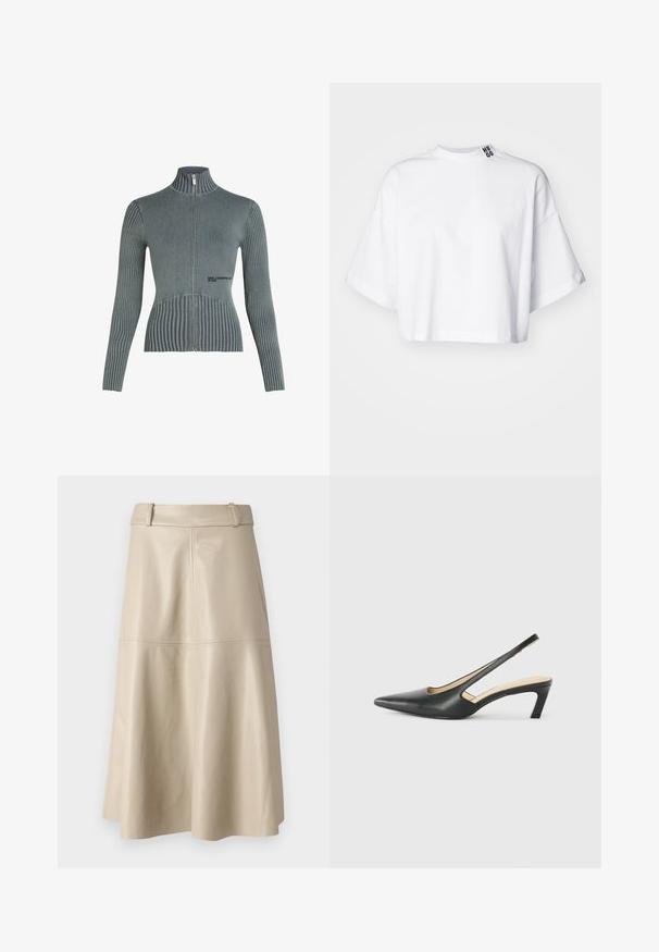Γκρι ζακέτα με φερμουάρ που διαθέτει ραβδωτή υφή, ψηλό γιακά και εφαρμοστή σχεδίαση. Λογότυπο στην κάτω πλευρά. Απαλή, ελαστική ύφανση.; Λευκό κοντό μπλουζάκι από βαμβάκι, με φαρδιά κοντά μανίκια και υψηλή λαιμόκοψη. Η ετικέτα "HUGO" είναι εκτυπωμένη στα μαύρα στον γιακά.; Μπεζ δερμάτινη φούστα μήκους midi με λεία υφή, φαρδιά ζώνη και φαρδύ στρίφωμα; διαθέτει ραμμένα κοψίματα για επιπλέον λεπτομέρεια.; Μαύρο παπούτσι slingback με αιχμηρή μύτη και χαμηλό τακούνι, κατασκευασμένο από λείο δέρμα με σχέδιο κοπής στη πλευρά για αερισμό.