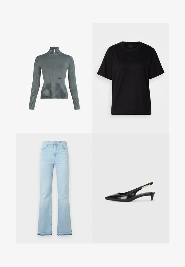 Sweater cinzento com fecho que apresenta uma textura canelada, gola alta e design ajustado. Detalhe do logótipo na parte inferior. Tecido macio e elástico.; T-shirt de algodão preto com decote redondo, mangas curtas e um logótipo bordado no peito. Corte simples e descontraído, sem padrões.; Jeans flare azul claro feitos de denim, com uma cintura alta, bolsos frontais e uma bainha desgastada nas bainhas para um look casual.; Saltos slingback em couro preto com bico fino, apresentando um salto esguio e um detalhe em tom dourado na alça ajustável. Textura suave.