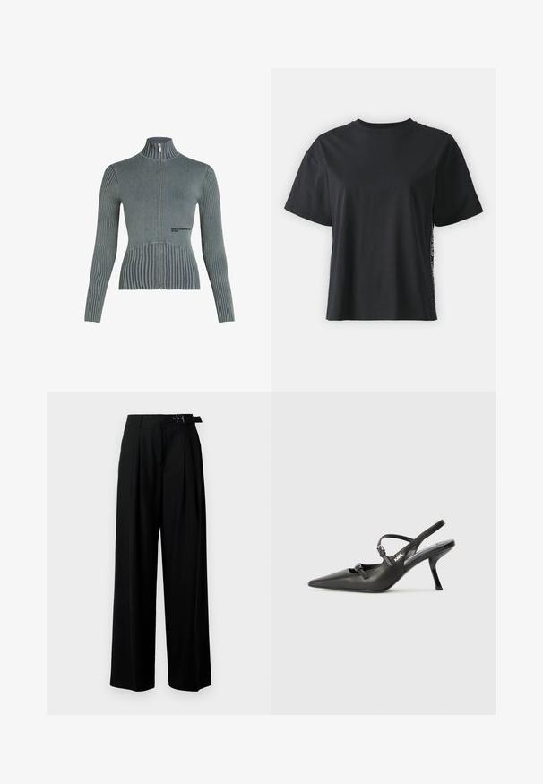 Pilkas užtrauktuku užsegamas megztinis, turintis griovelio tekstūrą, aukštą apykaklę ir prigludusį dizainą. Logo detalė apatinėje pusėje. Minkšta, elastinga medžiaga.; Juoda trumpomis rankovėmis medvilninė marškinėliai su laisvu siluetu ir kontrastine šonine juostele, kurioje yra mažas tekstas ir dizaino detalės.; Juodos plačios kojų kelnės su aukštu liemeniu, priekinėmis klostėmis ir diržu su sagtimi. Pagamintos iš lygaus, lengvo audinio.; Juodi odiniai slingback kulniukai su smailiu pirštu, siauru kulnu ir dekoratyvine sagtimi viršuje. Lygus paviršius ir elegantiškas dizainas.