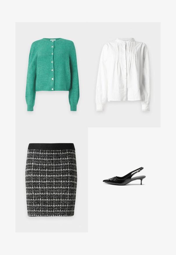 Zöld gyapjú kardigán kerek nyakkal és hosszú ujjakkal. Elöl gombokkal záródik, valamint bordázott mandzsettákkal és szegéllyel rendelkezik. Puha tapintású.; Fehér, hosszú ujjú blúz álló gallérral, függőleges redőzéssel elöl, gombos záródással és csipke díszítésű mandzsettával.; Fekete-fehér kockás szoknya struktúrált anyagból, fekete derékkal és testhez simuló sziluettel.; Fekete bőrből készült slingback magassarkú cipők hegyes orral, kis francia sarokkal és díszes csomóval az elején. Az egész felületen sima textúra.