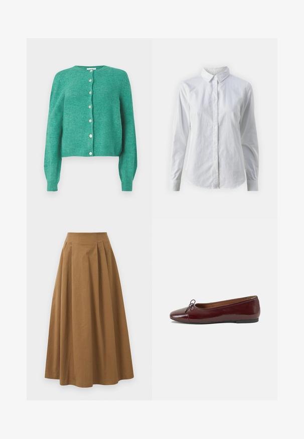 Grön ullkofta med rund halsringning och långa ärmar. Har knappar fram och ribbade manschetter och nederkant. Mjuk textur.; Vit skjorta med knappar, tillverkad av mjuk bomull, med klassisk krage, långa ärmar och en böjd fåll. Knapparna är små och vita.; Brun bomull A-linje kjol med hög midja, med veck ned längs framsidan och en mjuk textur. Sömmen är ren och enkel.; Burgunderfärgad lackläderballettskor med rund tå, liten rosettdekoration fram och en låg, svart gummisula. Slät textur.