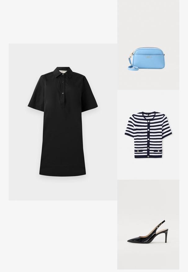 Gebreide cardigan, marineblauw en witte horizontale strepen, ronde halslijn, korte mouwen, sluiting met vijf knopen, twee voorzakken met hardware accentueringen.; Zwart jurk met korte mouwen, een kraag, een knoopsluiting en een rechte snit. Gemaakt van lichte stof met een gladde textuur.; Zwarte gepatineerde leren slingback pump met een puntige neus, slanke hak en een subtiel uitgesneden ontwerp. Bevat een gouden gesp op de band.; Lichtblauwe leren crossbody tas met goudkleurige hardware, ritsluiting en een voorvak. Voorzien van een verstelbare schouderband voor gemak.