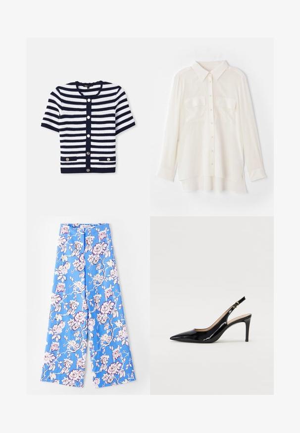 Cárdigan de punto, rayas horizontales en azul marino y blanco, cuello redondo, mangas cortas, cierre de cinco botones, dos bolsillos frontales con acentos metálicos.; Camisa blanca con botones, hecha de tejido ligero. Cuenta con un cuello clásico, dos bolsillos en el pecho y un dobladillo trasero ligeramente más largo.; Pantalones florales azules con un patrón de rosas en tonos pastel. La tela es suave, con un corte relajado, piernas anchas y una cinturilla elástica.; Zapatos de charol negro con tirante al tobillo, punta afilada, tacón delgado y un diseño de corte sutil. Presenta una hebilla dorada en la correa.