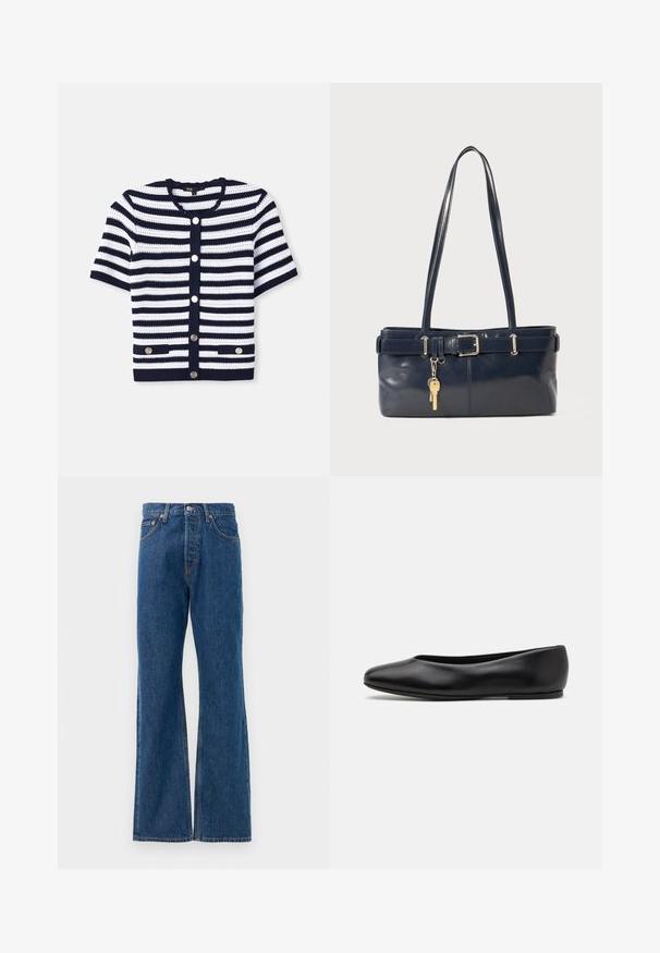 Dzianinowy kardigan w granatowo-białe poziome paski, okrągły dekolt, krótkie rękawy, zapięcie na pięć guzików, dwie przednie kieszenie z elementami metalowymi.; Koszula w paski z białą bazą, z wąskimi wielokolorowymi liniami w odcieniach niebieskiego, pomarańczowego i zielonego. Długie rękawy i klasyczny kołnierzyk.; Niebieskie dżinsy z rozszerzanymi nogawkami, wysokim stanem, pięcioma kieszeniami, zapięciem na srebrny guzik i widocznymi przeszyciami.; Paul Smith TOPANGA czarny; Granatowa skórzana torebka z dwoma długimi uchwytami, detalem w postaci klamry oraz dołączonym breloczkiem. Charakteryzuje się gładką teksturą i prostokątnym kształtem.