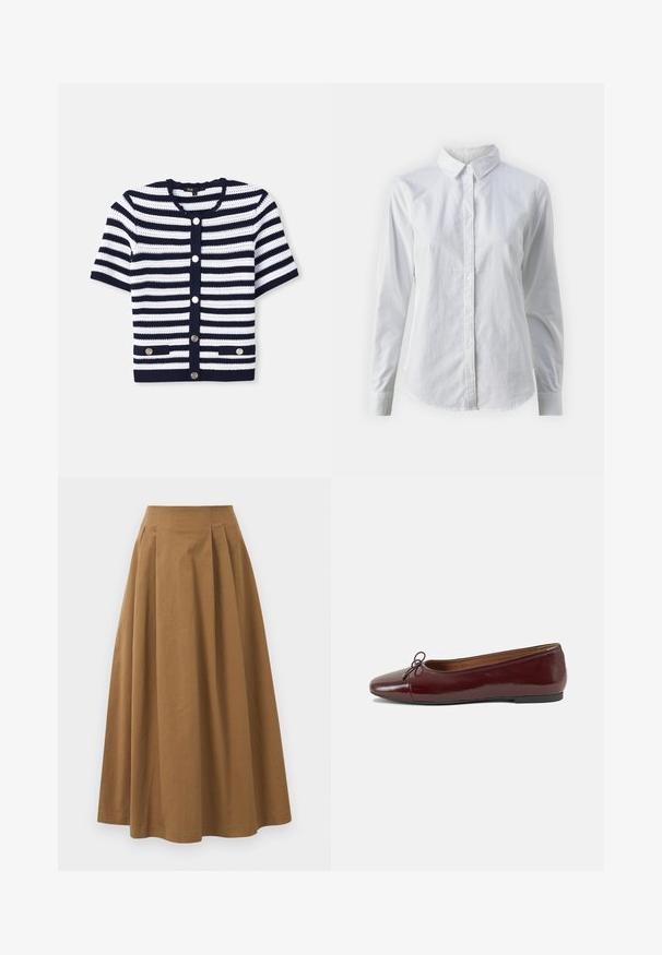 Gebreide cardigan, marineblauw en witte horizontale strepen, ronde halslijn, korte mouwen, sluiting met vijf knopen, twee voorzakken met hardware accentueringen.; Witte overhemd met knopen van glad katoen, met een klassieke kraag, lange mouwen en een afgeronde zoom. De knopen zijn klein en wit.; Bruine katoen A-lijn rok met een hoge taille, voorzien van plooien aan de voorkant en een gladde textuur. De zoomafwerking is schoon en eenvoudig.; Bordeaux gepatenteerd lederen ballerina met een ronde neus, een klein strikaccent aan de voorkant en een lage, zwarte rubberen zool. Glad textuur.