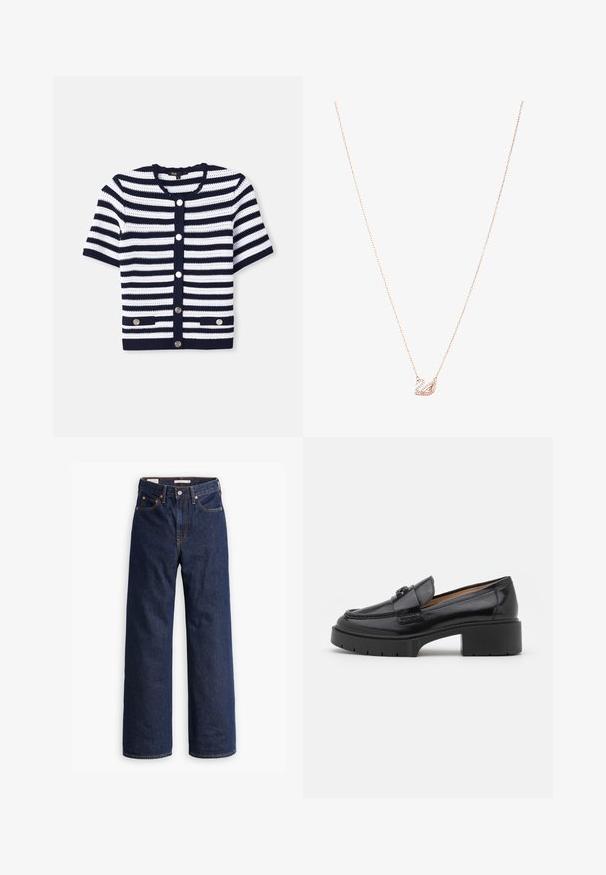 Cardigan tricotat, cu dungi orizontale albe și bleu, guler rotund, mâneci scurte, închidere cu cinci nasturi, două buzunare frontale cu accente de metal.; Bluză bleu deschis, fabricată dintr-un material lucios, cu guler clasic, închidere cu nasturi, mâneci bufante și un tiv stratificat, cu volane.; Jeans din denim dreapta, de culoare albastru închis, cu cinci buzunare, cusături portocalii și închidere cu nasture.; Mocasin din piele neagră cu toc mic pătrat, vârf rotunjit, bandă decorativă și detaliu de cusătură texturată pe partea superioară. Finisaj neted.; Colier din aur roz cu un pandantiv în formă de lebădă, embellisat cu cristale clare. Lanțul are un design delicat cu verigi.