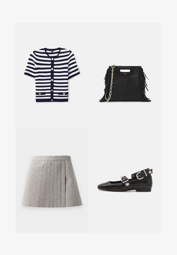 Gilet en tricot, rayures horizontales bleu marine et blanches, encolure arrondie, manches courtes, fermeture à cinq boutons, deux poches avant avec accent matériel.; Polo shirt côtelé bleu marine avec un col pointu, des manches courtes et deux poches avant avec des boutons-pression ; souligné par des accents de couture blanche.; Jupe plissée grise en tissu texturé, dotée de rayures verticales et de petits accents décoratifs régulièrement espacés.; Ballerine en cuir verni noir avec un bout carré, sangle de cheville avec des détails en métal argenté et semelle plate. Texture lisse avec un design minimaliste.; Sac à main en cuir noir avec des détails en franges, chaîne dorée pour l'épaule et une poignée découpée. Présente le logo sur le devant.