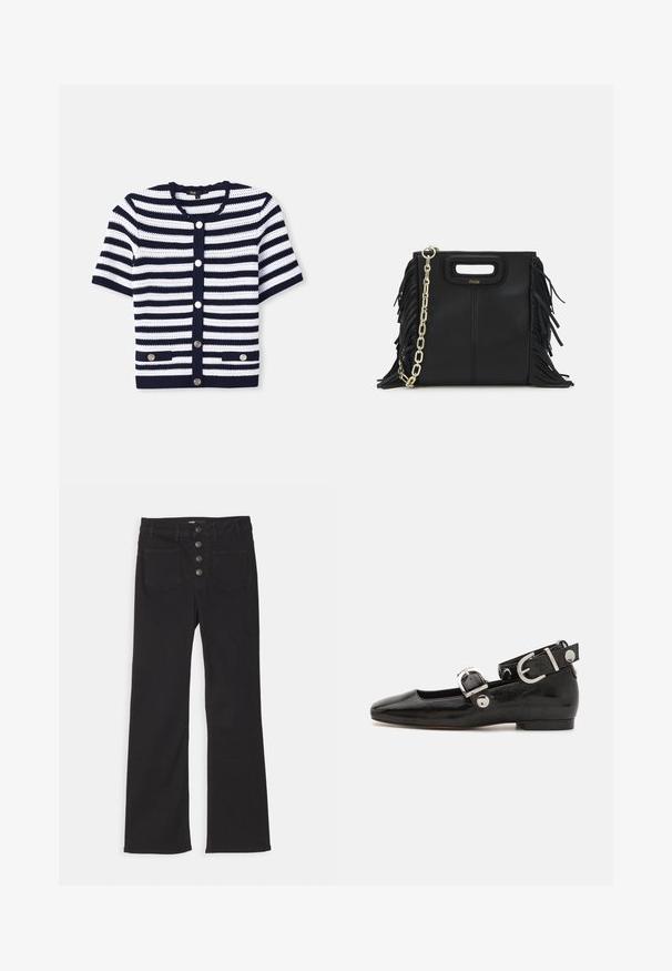 Dzianinowy kardigan w granatowo-białe poziome paski, okrągły dekolt, krótkie rękawy, zapięcie na pięć guzików, dwie przednie kieszenie z elementami metalowymi.; Granatowa polo z prążkowanej tkaniny, z kołnierzykiem w kształcie klapy, krótkimi rękawami i dwoma przednimi kieszeniami zapinanymi na napy; wyróżniająca się białymi przeszyciami.; Czarne jeansy dżinsowe z szerokimi nogawkami, wysoka talia, pięć kieszeni oraz zapięcie na guziki z przodu z czterema metalowymi guzikami.; Czarne lakierowane baleriny z kwadratowym noskiem, z paskiem na kostkę z metalowymi elementami w kolorze srebrnym oraz płaską podeszwą. Gładka textura i minimalistyczny design.; Czarna skórzana torebka na ramię z frędzlami, złotym łańcuszkiem oraz wyciętym uchwytem. Posiada umieszczone na przodzie logo.