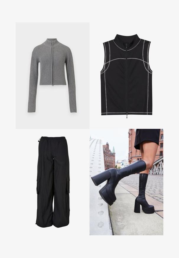 Pilkas raukšlėtas megztas trumpas kardiganas su pilnu priekiniu užtrauktuku ir ilgomis rankovėmis ant baltos fono.; Juodas bevandenis liemenė, pagaminta iš lygaus audinio, su sidabrinėmis siūlėmis ir priekyje užtrauktuku, su aukšta apykakle.; Juodos kargo kelnės su elastinga juosmens juosta, laisvas siluetas, lengvos medžiagos, šoninės kišenės ir subtilus tekstūruotas paviršius.; Juodi aukštakulniai bateliai iki kelių, pagaminti iš lygaus odos, su storais kvadratiniais kulnais ir elegantišku dizainu, prieš miesto fono.