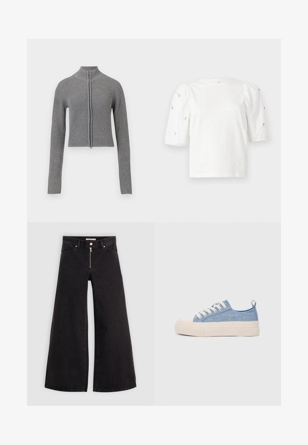 Grå ribbestrikket kort cardigan med full front glidelås og lange ermer på hvit bakgrunn.; Hvit bomull T-skjorte med korte pufferm, med små sølvdekorasjoner langs ermene. Klassisk rund hals, avslappet passform.; Vide benbukser i sort denim med glidelås i front, fem-lomme design og subtile sømdetaljer. Glatt tekstur og avslappet stil.; Lys blå canvastøfler med en kremfarget gummitupp og yttersåle, med hvite snørebånd og en løfteløkke på hælen.