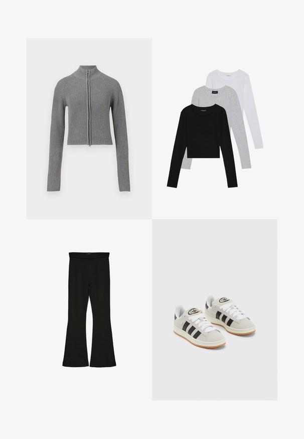 Cardigan cropped canelado cinza com fecho frontal completo e mangas longas sobre um fundo branco.; Três camisetas de manga longa empilhadas: preta, cinza e branca. Cada uma tem um decote redondo e um design cropped, feitas de um tecido leve e suave.; Leggings pretos em flare feitos de um tecido elástico. Apresentam uma cintura larga e uma textura suave, com um silhueta ajustada que se alarga na bainha.; Tênis de camurça cinza com atacadores brancos, riscas pretas e uma sola de borracha branca. Apresenta um logótipo circular na língua e uma sola de borracha.