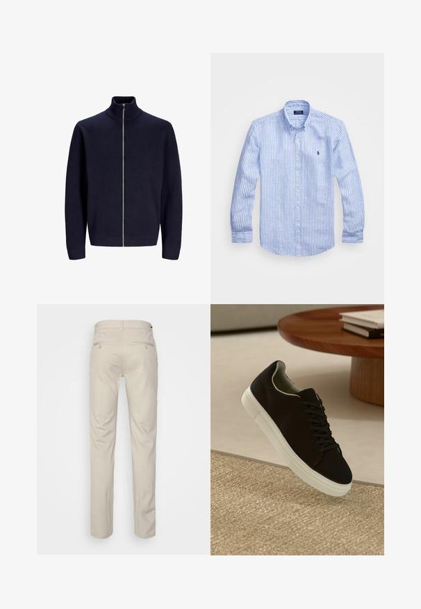 Mornarska zip-up jopica z visokim ovratnikom, izdelana iz teksturirane tkanine, z sprednjim zadrgo in prilegajočimi manšetami. Enostaven, modern dizajn.; Modra in bela prugasta srajca z dolgimi rokavi iz bombaža, s kragnico na gumb, sprednjimi gumbi in majhnim izvezenim logotipom na prsih.; Bež hlače z gladko teksturo, ravnega kroja, dvema zadnjima žepoma z gumbi in standardnim pasom.; Črni športni copat z belim podplatom lebdi nad bež teksturiranim preprogam blizu okroglega lesenega mize z zloženimi knjigami.