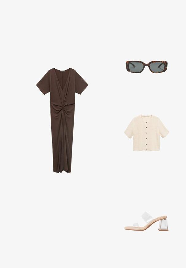 Kratki kardiž u krem boji s teksturiranim uzorkom pletenja, s okruglim izrezom i pet dugmadi sprijeda.; Smeđa haljina do koljena u mekanom materijalu, s dubokim V izrezom, kratkim rukavima i naborom na struku. Glatka tekstura.; Prozirne sandale na visokoj potpetici s dvije prozirne trake, bež podlogom i geometrijskom prozirnom blok-potpeticom. Minimalistički dizajn s glatkom teksturom.; Smešane sunčane naočale s pravokutnim lećama, debelim okvirom i tamnim lećama. Glatka tekstura i minimalistički dizajn.; Bež kožna torba jedinstvenog oblika, s dva kratka ručka i dugom podesivom trakom. Glatka tekstura s minimalnim metalnim dodacima.
