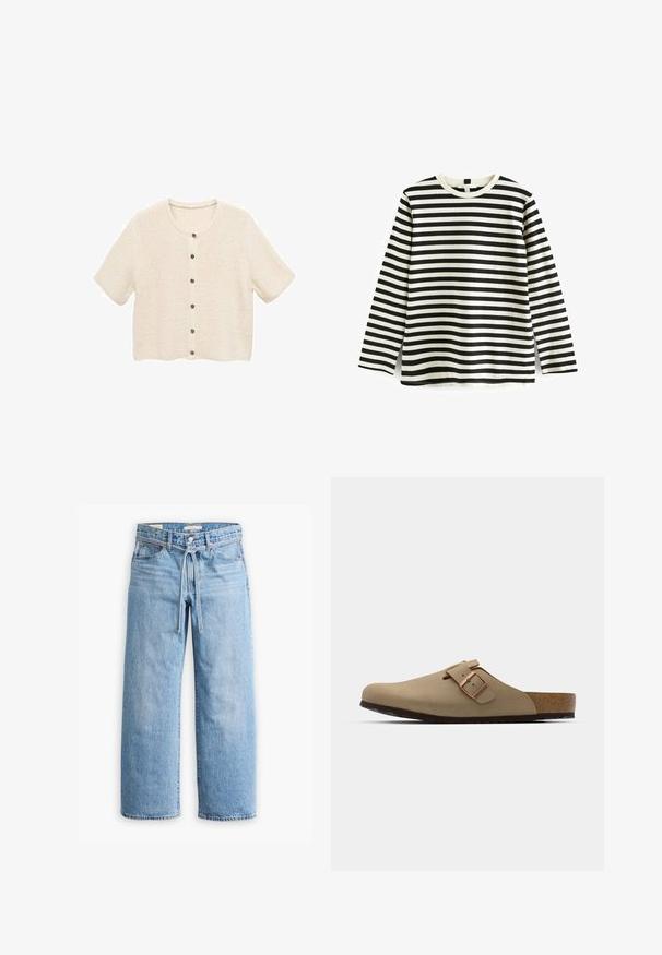 Cardigan cu mânecă scurtă, de culoare crem, cu un model tricotat texturat, având decolteu rotund și cinci butoane pe față.; Tricou din bumbac cu mânecă lungă, cu dungi orizontale alb-negru, guler rotund și textură moale. Fără hardware sau accente vizibile.; Jeanși cu talie înaltă, de culoare albastru deschis, cu picioare largi, închidere cu nasture și fermoar, și detaliu cu șnur la talie. Terminare brută a marginii.; Saboți bej cu vârf rotund, accent cu cataramă ajustabilă și talpă din plută. Suprafață texturată cu o talpă din cauciuc negru pentru aderență.