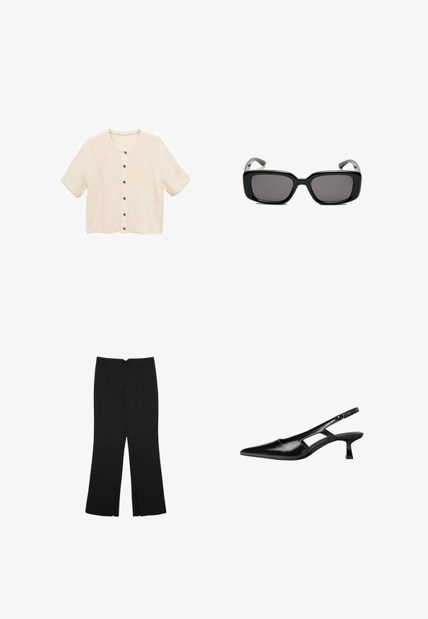 Kurze Ärmel, cremefarbener Cardigan mit strukturiertem Strickmuster, runder Ausschnitt und fünf Knöpfen vorne.; Schwarzes ärmelloses Crop-Top aus glattem Stoff, mit rundem Ausschnitt und einem klaren, schlichten Design ohne Muster oder Beschläge.; Schwarze Hose mit geradem Schnitt, ausgestattet mit Fronttaschen und Seitenschlitzen am Saum. Hergestellt aus weichem, glattem Stoff. Geeignet für verschiedene Anlässe.; Schwarze Lackleder-Slingback-High Heels mit spitzer Zehenform, ausgeschnittenem Seitendesign und kleinem Blockabsatz. Glatte Textur mit minimalen Akzenten.; Schwarze rechteckige Sonnenbrille mit dunklen Gläsern, glattem Kunststoffrahmen und gebogenen Bügeln. Das Design ist klobig mit einer minimalistischen Ästhetik.