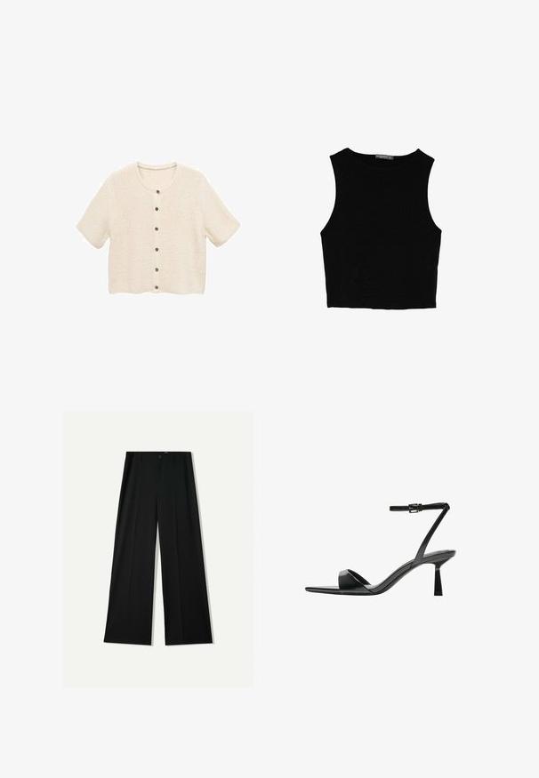 Short-sleeve, cream-colored cardigan with a textured knit pattern, featuring round neck and five buttons down the front.; Black sleeveless crop top made of smooth fabric, featuring a round neck and a clean, simple design without patterns or hardware.; Bershka WIDE - Trousers - black; Bershka High heeled sandals - black