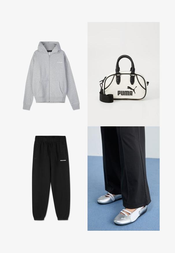 Svijetlosivi dukserica s patentnim zatvaračem, kapuljačom na vezanje, prednjim džepovima, rebrastim manžetama i malim tiskanim logotipom na lijevoj strani. Mekana pamučna tkanina.; Siva pamučna majica kratkih rukava, s okruglim izrezom i malim bijelim logotipom "PEGADOR" na prednjoj strani. Glatka tekstura, opušteni kroj.; Crne trenirke od mekanog materijala, s pojasom na vezanje, suženim nogavicama i bočnim džepovima. "PEGADOR" logo u bijeloj boji na prednjoj strani.; Srebrne i bijele ravne cipele s preklopnim trakama i teksturiranim detaljima, u kombinaciji s širokim crnim hlačama. Postavljene na plavu podlogu.; Bijela torba s crnim detaljima, s Puma logom. Kratke, zaobljene ručke i odvojiva naramenica, izrađena od teksturiranog sintetičkog materijala.