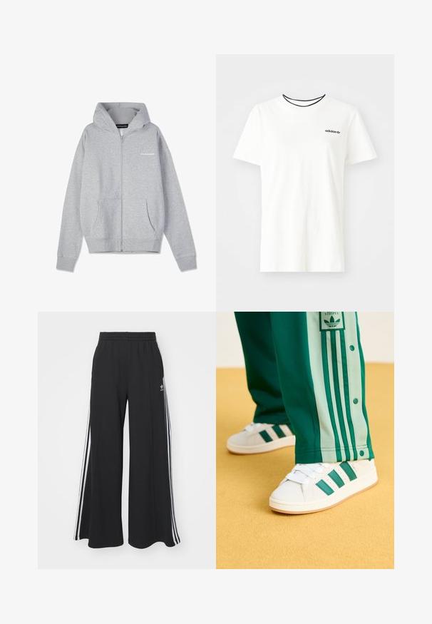 Felpa zip grigia chiara con cappuccio regolabile, tasche frontali, polsini a costine e un piccolo logo stampato sul lato sinistro. Tessuto in cotone morbido.; T-shirt bianca in cotone con maniche corte e scollatura rotonda. Presenta un logo Adidas nero sul petto e un colletto interno a contrasto nero.; Pantaloni in felpa neri a gamba larga con vita elastica, dotati di strisce bianche sui lati e un logo ricamato sulla coscia sinistra.; Sneakers bianchi con strisce verdi, suola in gomma e superficie testurizzata, abbinate a pantaloni sportivi verdi con strisce laterali verde chiaro e bottoni a scatto.
