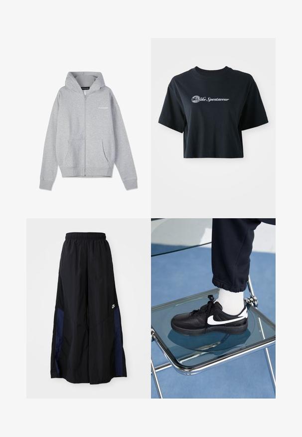Lichtgrijze zip-up hoodie met een trekkoordcapuchon, voorzakken, ribgebreide manchetten en een klein gedrukt logo aan de linkerkant. Zacht katoen.; Korte zwarte katoenen t-shirt met korte mouwen, voorzien van witte tekst "Vice Sportswear" en een ronde afbeelding aan de voorkant.; Zwarte wijdlopende broek van lichtgewicht stof, met een marineblauwe zijpaneel en een elastische tailleband. Klein wit logo onderaan.; Zwarte Nike sneakers met witte accenten, met een gladde leren textuur, vetersluiting en ronde neus, geplaatst op een glazen stoel.