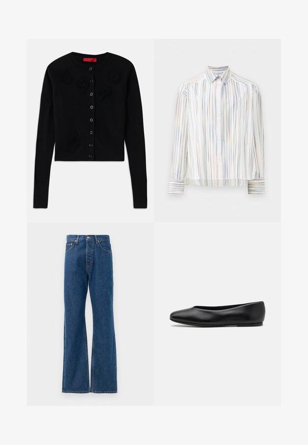 Zwarte cropped cardigan met lange mouwen, voorzien van een ronde halslijn, zwarte bloemenapplicaties en een knoopsluiting. Gladde textuur en geribbelde boorden.; Gestreept overhemd met een witte basis, voorzien van smalle, veelkleurige lijnen in blauw, oranje en groen. Lange mouwen en een klassieke kraag.; Blauwe denim flared jeans met een hoge taille, voorzien van vijf zakken, een zilveren knoopsluiting en zichtbare stiksels.; Paul Smith TOPANGA - Ballerina's - black